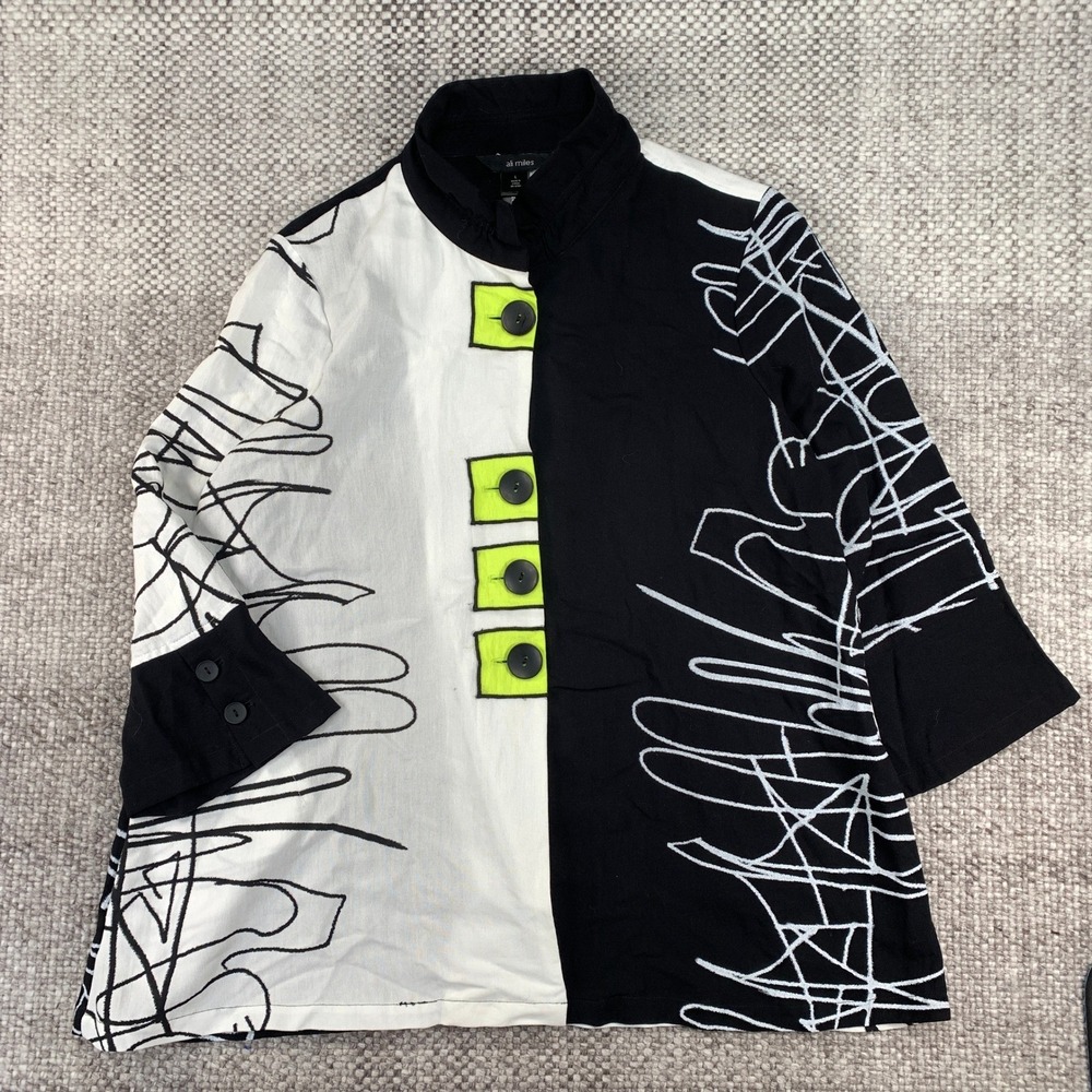 Ali Miles Shirt Jacket Women Large Black White Abstract Line Print Art to Wear